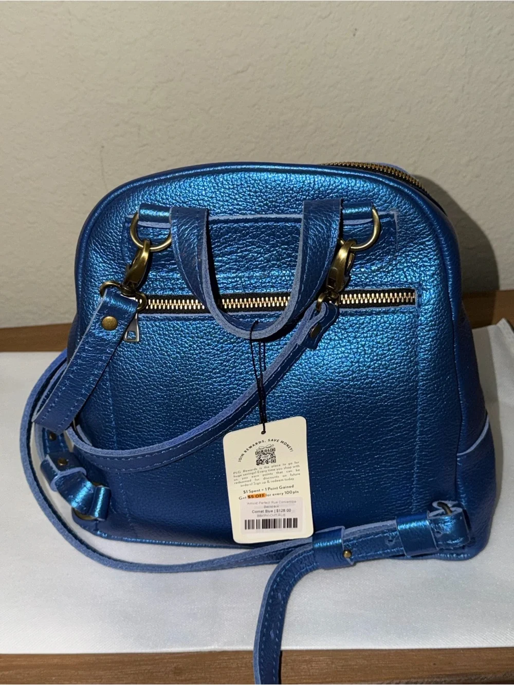 NWT Portland Leather convertible backpack Rue Comet Blue Metallic